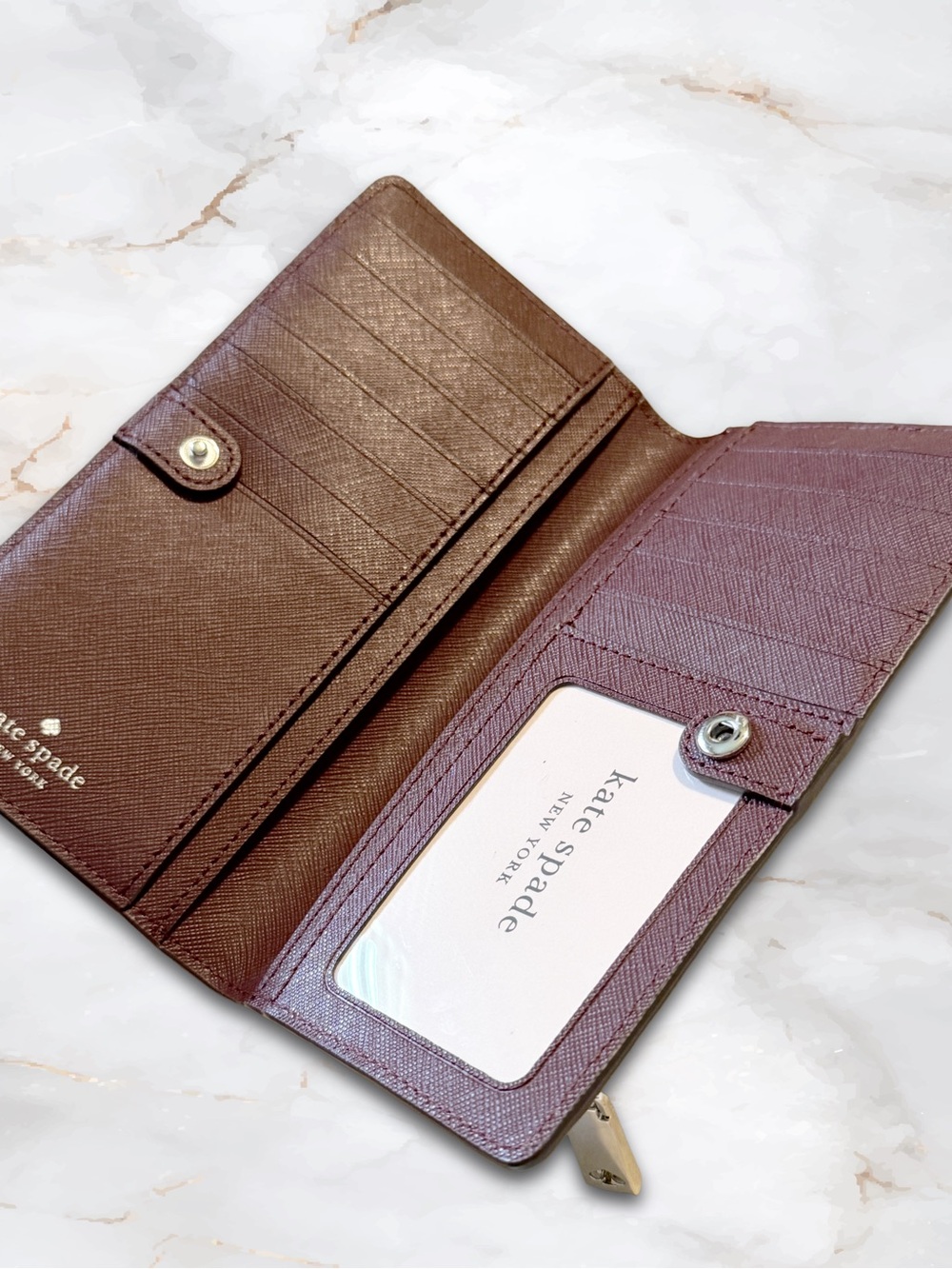 Kate Spade Grey Pebbled Large Slim Wallet with Burgundy Interor EUC with Tags - Picture 4 of 16